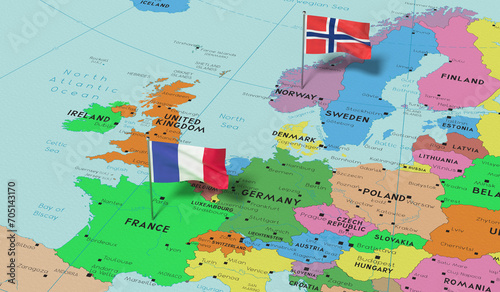 France and Norway - pin flags on political map - 3D illustration