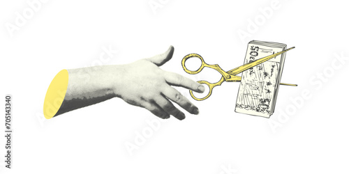 Collage with halftone-style hand statue. Minimalist finance-themed money crisis metaphor concept. Idea for banner composition with banknotes, and scissors. Cutouts magazine. Vector illustration