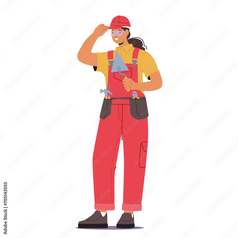 Determined Woman Builder, Adorned In A Hard Hat And Tool Belt. Skillful Female Constructor Character