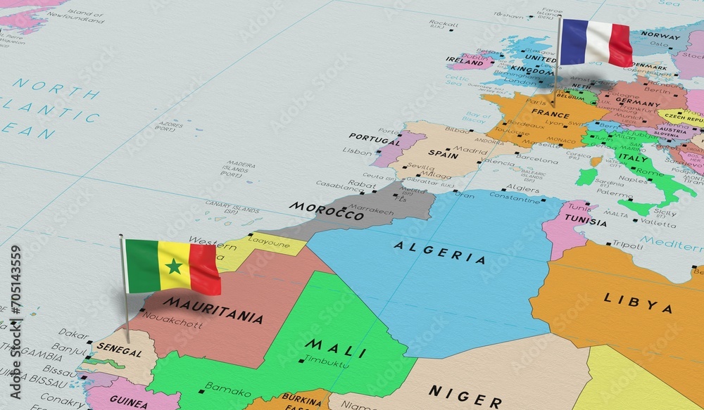 France and Senegal - pin flags on political map - 3D illustration