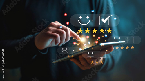 Customer Satisfaction Survey concept, top satisfaction, service experience rating, customer evaluation product service quality, satisfaction feedback review, got a good quality most. photo