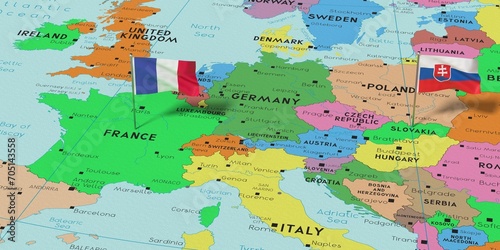 France and Slovakia - pin flags on political map - 3D illustration