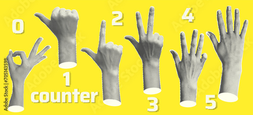 Set halftone statue hands showing gestures counting from zero to five isolated yellow background Trendy creative collage elements Cut magazine style. Contemporary art Modern design Vector illustration