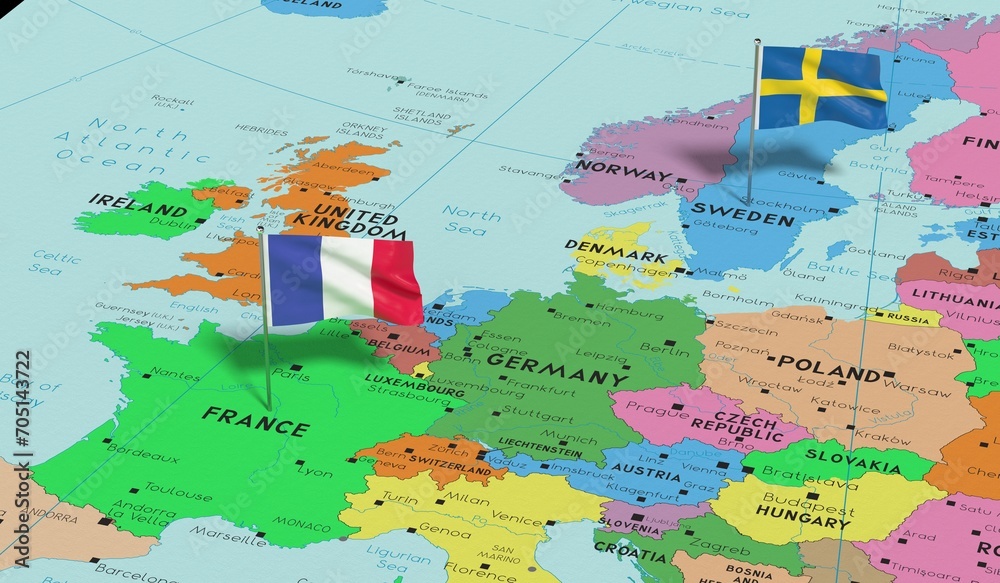 Obraz premium France and Sweden - pin flags on political map - 3D illustration