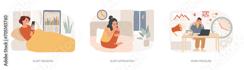 Stress management isolated concept vector illustration set. Sleep tracking and deprivation, work pressure, digital tracker, mental health, chronic anxiety, deadline pressure vector concept.