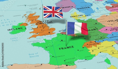 France and United Kingdom - pin flags on political map - 3D illustration
