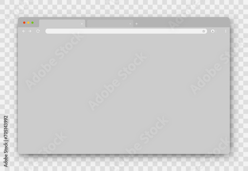 The design of the web browser window in gray on a transparent background. An empty website layout with a search bar and buttons. Vector illustration.