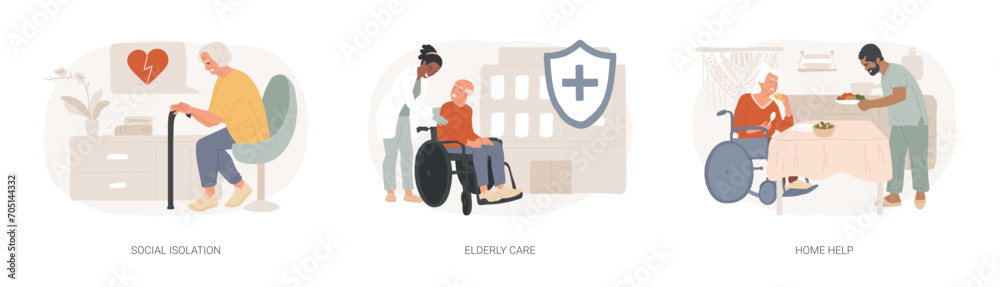 Older people living isolated concept vector illustration set. Social isolation, elderly care, home help, disabled people, medical nursing home, healthcare service, care allowance vector concept.
