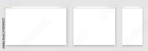 A set of white browser windows of different shapes on a light background. Website layout with search bar, toolbar and buttons. Vector illustration. photo