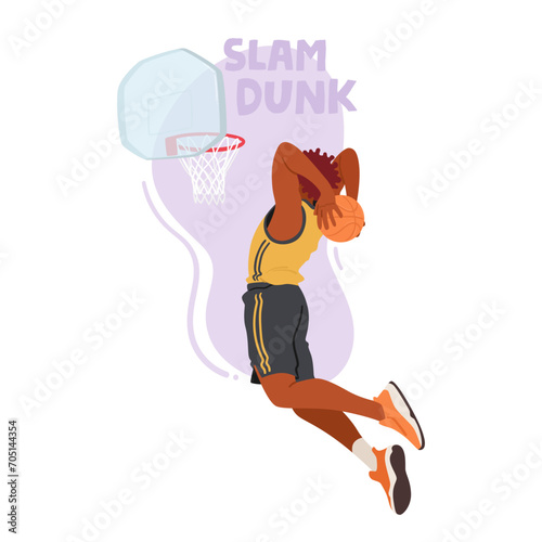 Basketball Player Male Character Soars Through The Air, Muscles Tense, As He Executes A Powerful Slam Dunk, Vector © Hanna Syvak