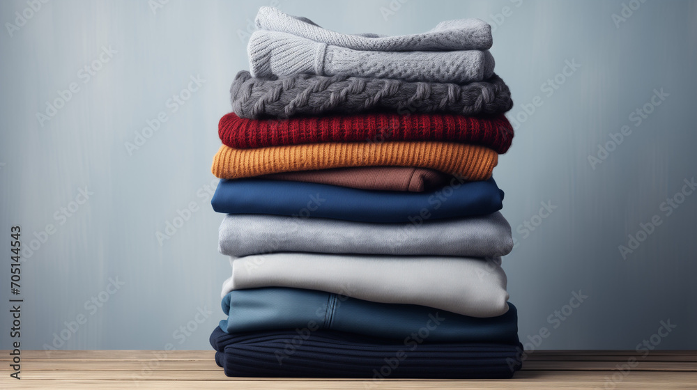 stack of jeans and sweaters, Stack of clothing jeans sweaters pattern on a white background isolation, Ai generated image