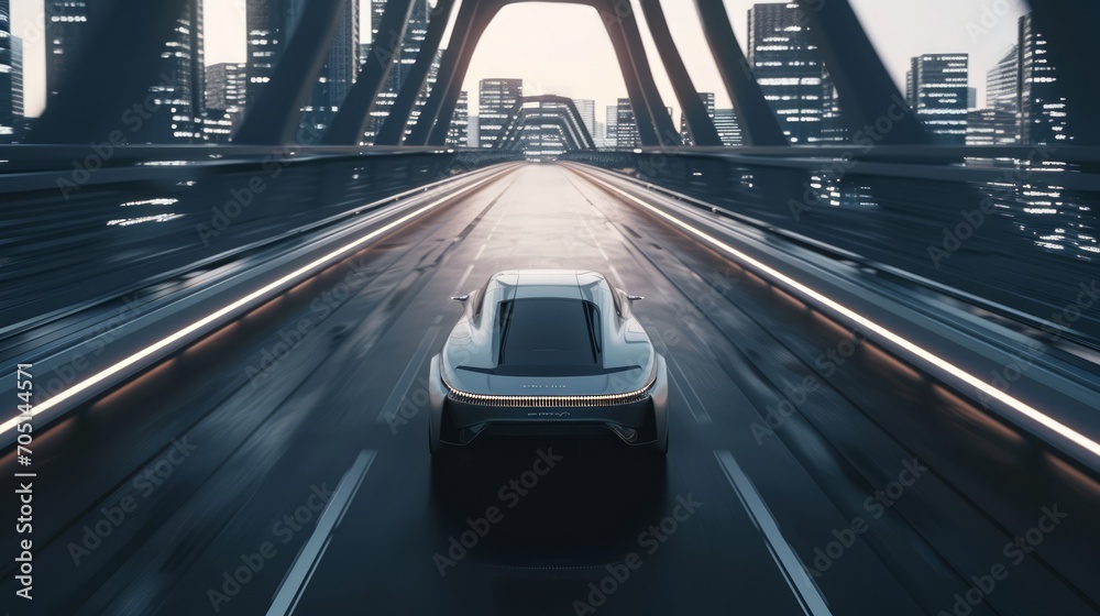 Fototapeta premium Futuristic car, sleek and minimalistic design. Positioned in a modern cityscape or on a futuristic highway