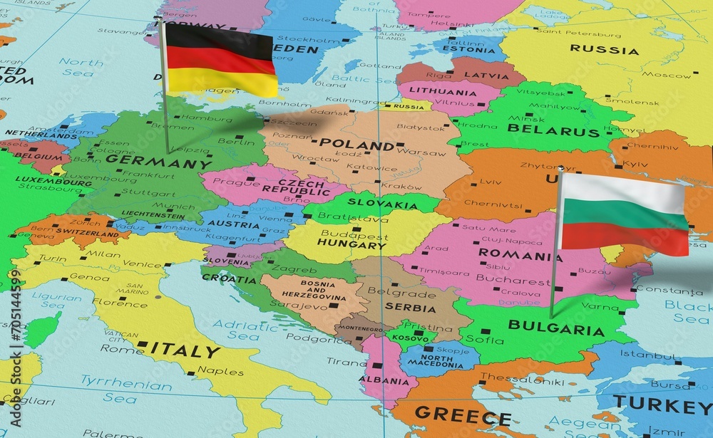 Germany and Bulgaria - pin flags on political map - 3D illustration