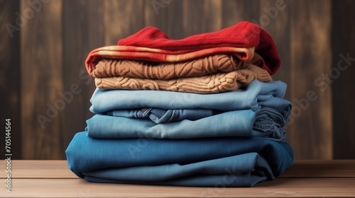 stack of clothes, Stack of clothing jeans sweaters pattern on a white background isolation, Ai generated image