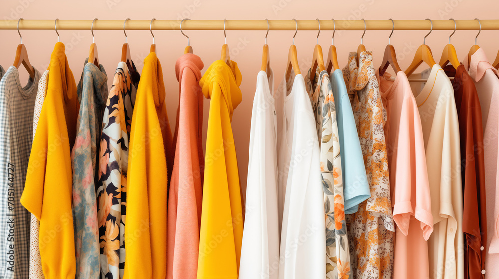 close up collection of colorful t-shirts hanging on wooden clothes hanger, ummer closet, dresses and shirts on hangers. Creative concept of women's clothing showroom, designer dresses store, Ai 