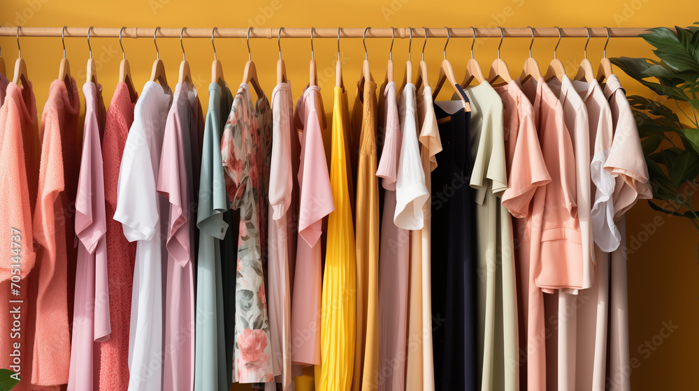 Fashionable women's closet wallpaper. Summer closet, dresses and shirts on hangers, Summer closet, dresses and shirts on hangers. Creative concept of women's clothing showroom, dresses store, Ai Fashionable women's closet wallpaper. Summer closet, dresses and shirts on hangers, Summer closet, dresses and shirts on hangers. Creative concept of women's clothing showroom, dresses store, Ai