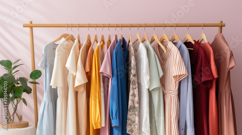 colorful shirts on hangers, ummer closet, dresses and shirts on hangers. Creative concept of women's clothing showroom, designer dresses store, Ai generated image