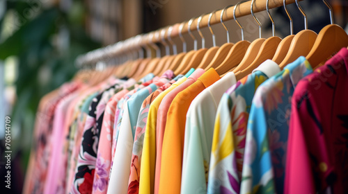colorful clothes in a shop, ummer closet, dresses and shirts on hangers. Creative concept of women's clothing showroom, designer dresses store, Ai generated image