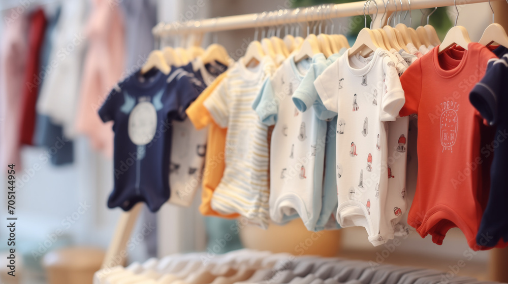 New born baby dress, Trendy cotton baby clothes display on mannequin in clothes shop. Summer collection fashion product samples in clothing store for selling , Ai generated image  - obrazy, fototapety, plakaty 