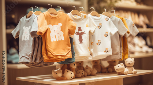 light color with baby dress, Trendy cotton baby clothes display on mannequin in clothes shop. Summer collection fashion product samples in clothing store for selling , Ai generated image 