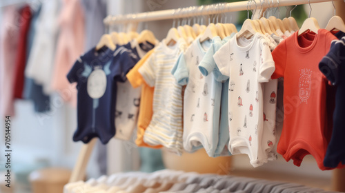 New born baby dress, Trendy cotton baby clothes display on mannequin in clothes shop. Summer collection fashion product samples in clothing store for selling , Ai generated image  photo