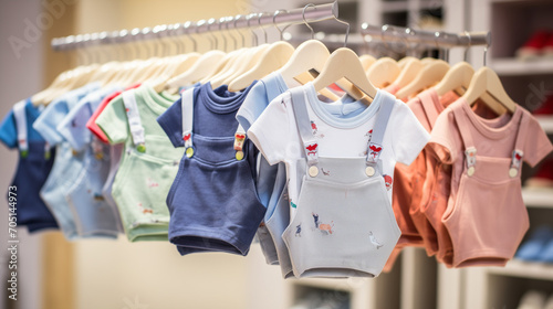 Cute New born baby dress, Trendy cotton baby clothes display on mannequin in clothes shop. Summer collection fashion product samples in clothing store for selling , Ai generated image