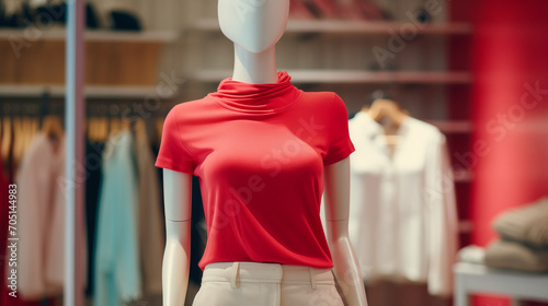 Mannequin in shop, Trendy cotton female clothes display on mannequin in clothes shop. Summer collection fashion product samples in clothing store for selling, Ai generated image