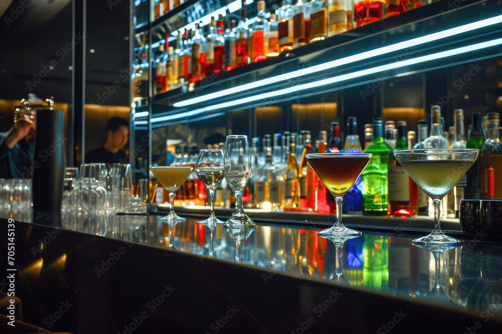 Elegant cocktails lined up on a bar counter with neon lights in the background at a modern nightlife venue.