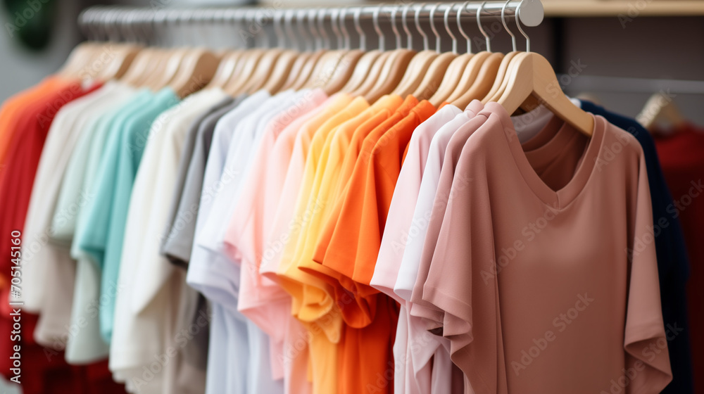 Obraz premium shirts on hangers, Trendy cotton female clothes display on mannequin in clothes shop. Summer collection fashion product samples in clothing store for selling, Ai generated image