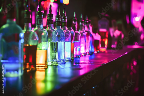 Colorful glass bottles lined up on a bar shelf, illuminated by vibrant neon lights in a nightlife setting.