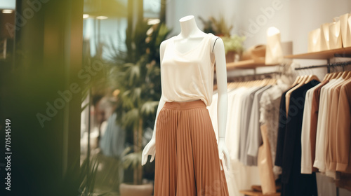 Minimal Dress, Trendy cotton female clothes display on mannequin in clothes shop. Summer collection fashion product samples in clothing store for selling, Ai generated image 