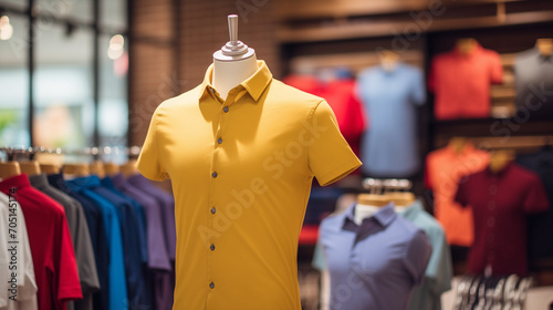 clothes in shop, Trendy cotton Men shirt display on mannequin in clothes shop. Summer collection fashion product samples in clothing store for selling , Ai generated image