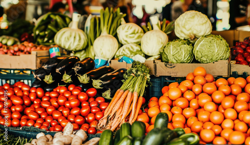 Colorful fresh vegetables displayed at a local farmers market  perfect for healthy and organic food themes.