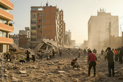 Rescue workers and volunteers search through the rubble after an earthquake, striving to find survivors in the devastated urban area.