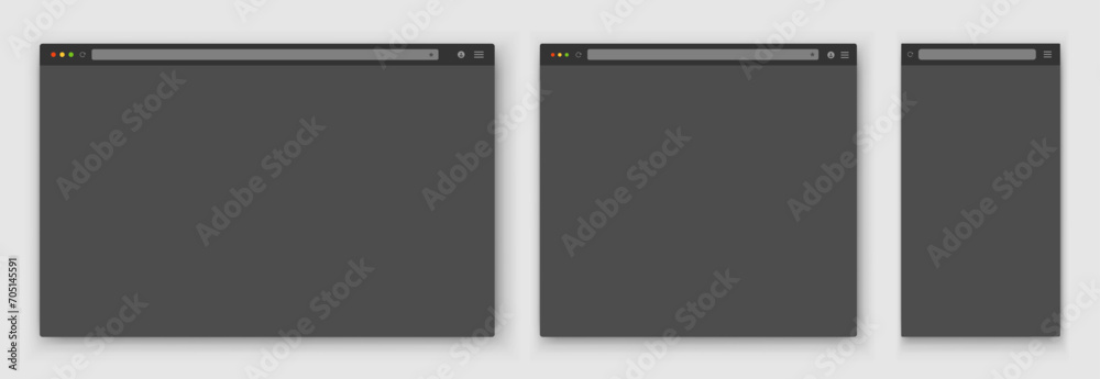 A set of gray browser windows of different shapes on a gray background. Website layout with search bar, toolbar and buttons. Vector EPS 10. A set of gray browser windows of different shapes on a gray background. Website layout with search bar, toolbar and buttons. Vector EPS 10.
