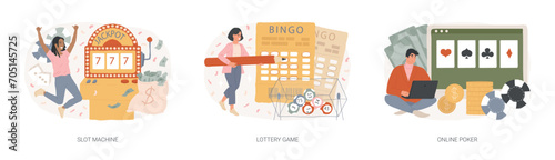 Gambling isolated concept vector illustration set. Slot machine, lottery game ticket, online poker, casino and bingo, jackpot win, internet gambling addiction, big prize TV show vector concept.