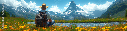 Handsome young man with a backpack sitting on a meadow in front of Matterhorn