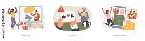 Bookmaker market isolated concept vector illustration set. Prize draw, cheating, sports betting mobile app, computer games, online e-sport gambling, winner strategy, competition vector concept.