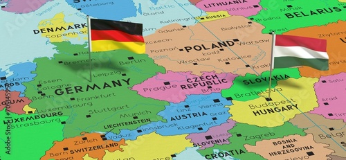 Germany and Hungary - pin flags on political map - 3D illustration