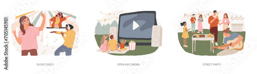 City enternainment isolated concept vector illustration set. Silent disco, open air cinema, street party, club event, DJ set streaming, movie theater, buy ticket online, outdoor fun vector concept.