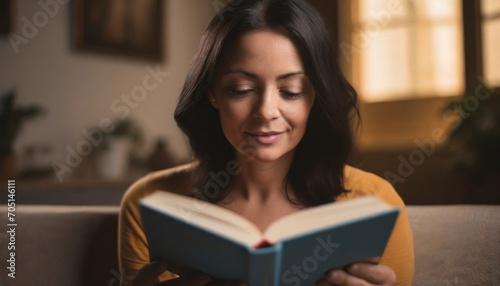 Adult woman is reading a book at home