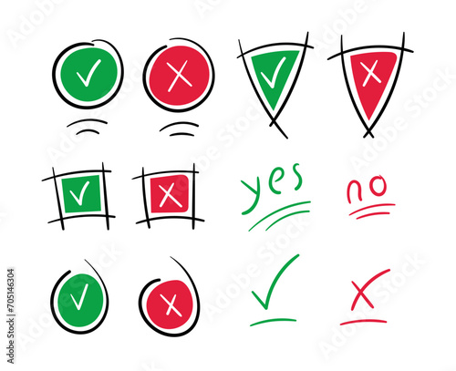 green check mark, red cancel mark. triangle check mark, triangle cancel mark. hand drawn approval and cancellation symbols