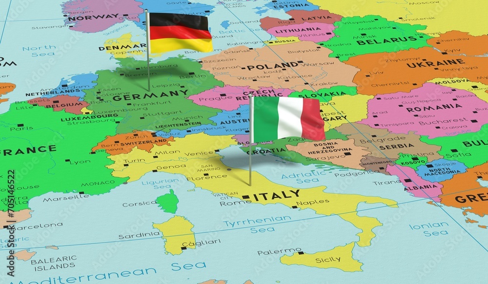 Germany and Italy - pin flags on political map - 3D illustration