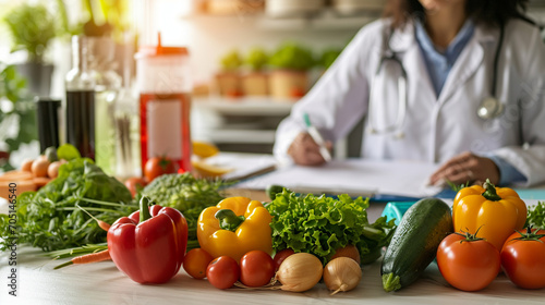 a nutritionist and dietitian writes a prescription to a patient. healthy lifestyle concept