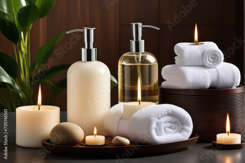 Infuse a Zen-inspired elegance into the composition the beauty of spa accessories in a harmonious setting. Towel with herbal bag and beauty treatments  candles  essential oils