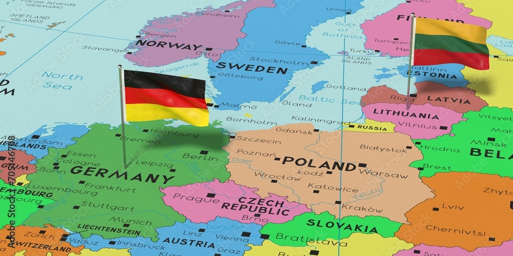 Germany and Lithuania - pin flags on political map - 3D illustration