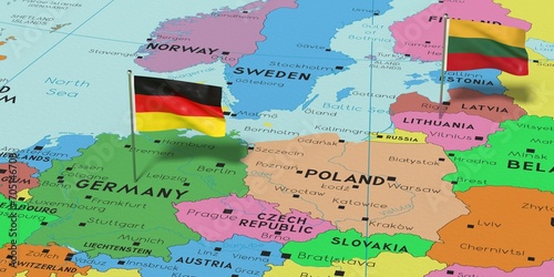 Germany and Lithuania - pin flags on political map - 3D illustration