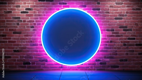 Brick wall with neon lights. Pink and blue electric light. Purple glow brickwall with copy space  circle frame