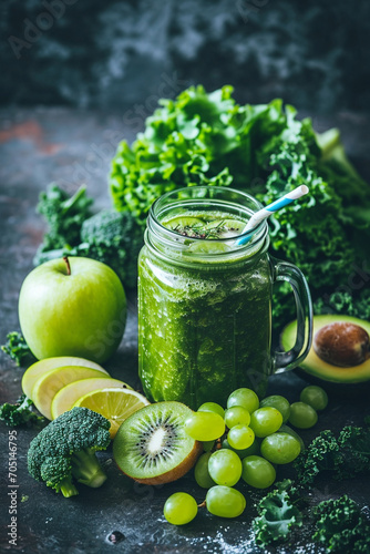 Mugs from glass jars with green health smoothie  lime  apple  kiwi  grapes    avocado  salad