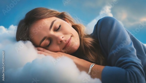 Cute young beautiful white woman sleeping on a cloud
